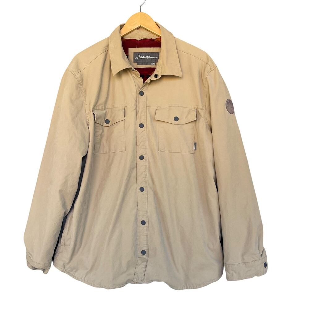 Eddie‎ Bauer Jacket Mens 2XL XXL Tan Canvas Fleece Lined Aztec Shacket Outdoors